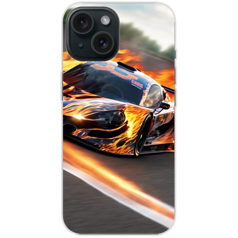 Handyhülle iPhone 15 aus transparentem Silikon mit Motiv 13 Sportwagen in Flammen - personalisierbar