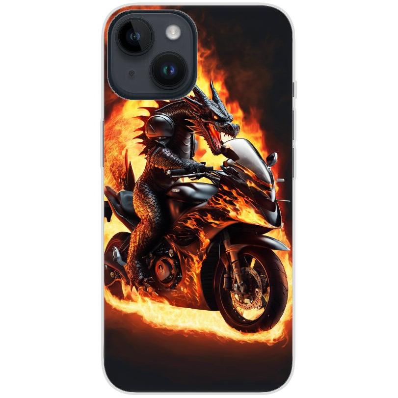 Handyhülle iPhone 14 aus transparentem Silikon mit Motiv 24 Drache auf Motorrad - personalisierbar