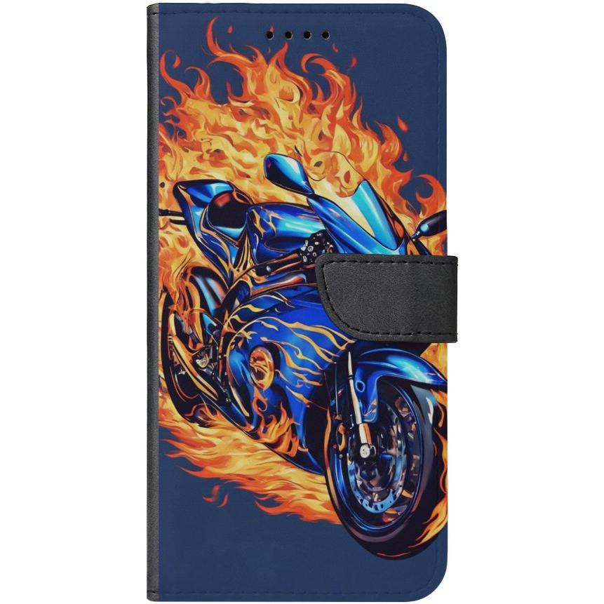 iPhone 14 Plus Handyhülle aus Kunstleder mit Lasche Motiv 2 Motorrad in Flammen - personalisierbar