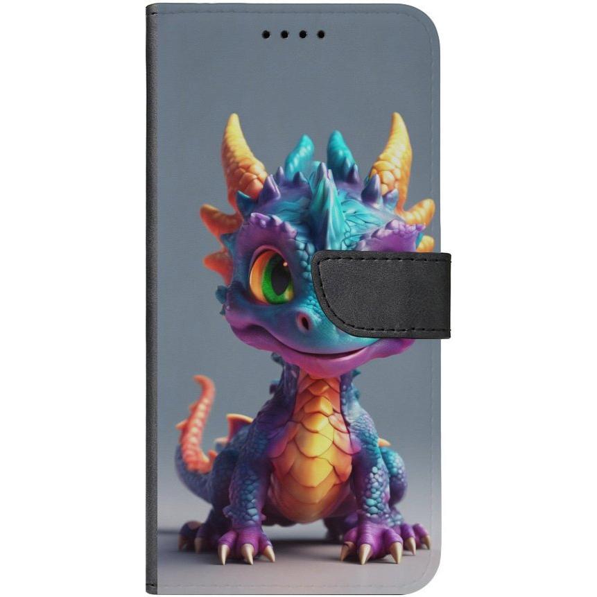 iPhone 15 Pro Max Handyhülle aus Kunstleder mit Lasche Motiv 21 bunter Baby Drache - personalisierbar
