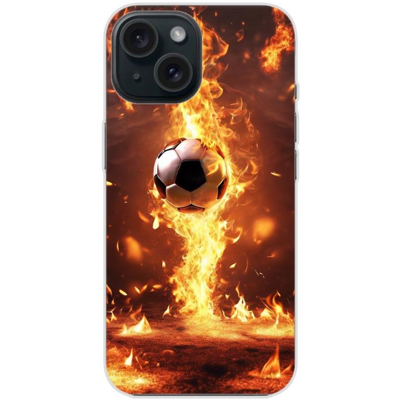 Handyhülle iPhone 15 aus transparentem Silikon mit Motiv 37 Fußball in Feuer - personalisierbar
