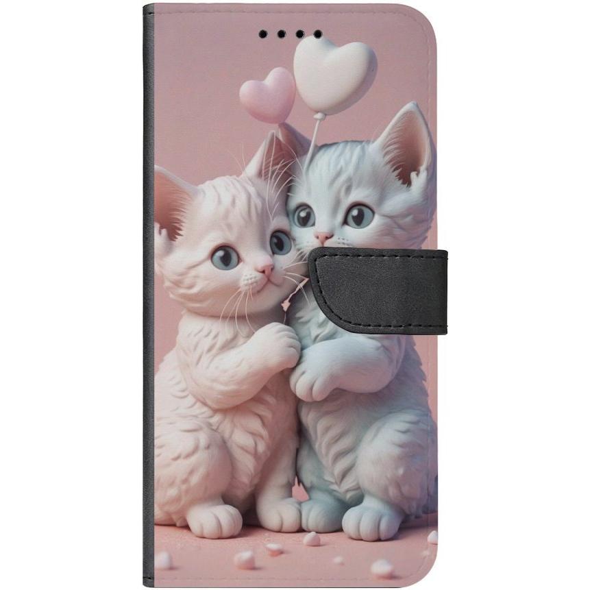 iPhone 15 Handyhülle aus Kunstleder mit Lasche Motiv 1 zwei Kätzchen mit Herzen rosa - personalisierbar