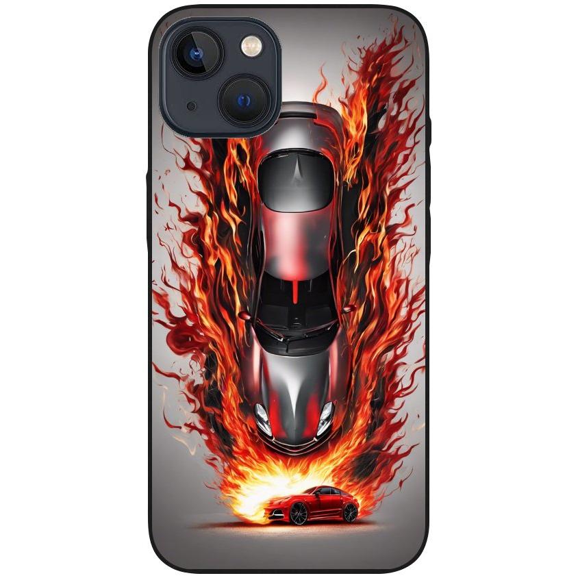 Hülle iPhone 13 - Silikonhülle schwarz mit Motiv 27 Auto animiert in Flammen - personalisierbar