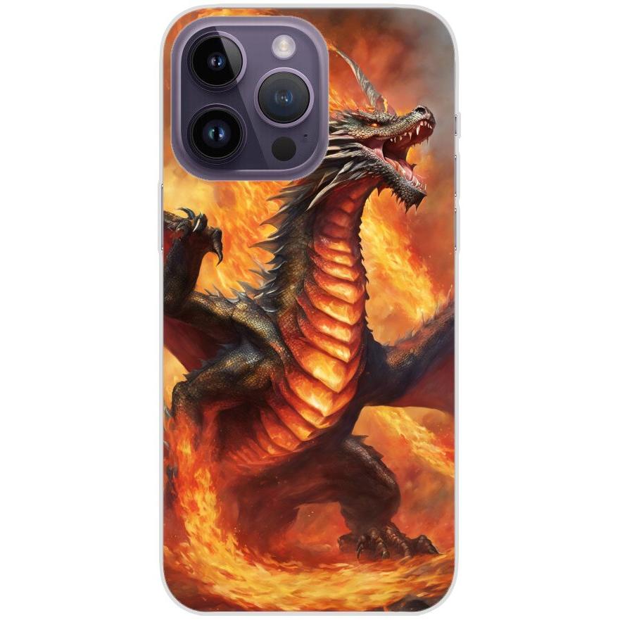 Handyhülle iPhone 14 Pro Max aus transparentem Silikon 12 Drache in Flammen - personalisierbar