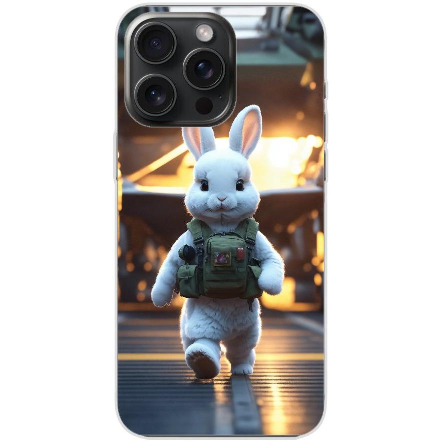 Handyhülle iPhone 15 Pro Max aus transparentem Silikon mit Motiv 18 weißer animierter Hase - personalisierbar