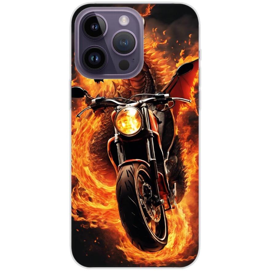 Handyhülle iPhone 14 Pro Max aus transparentem Silikon 33 Feuerdrache auf Motorrad - personalisierbar
