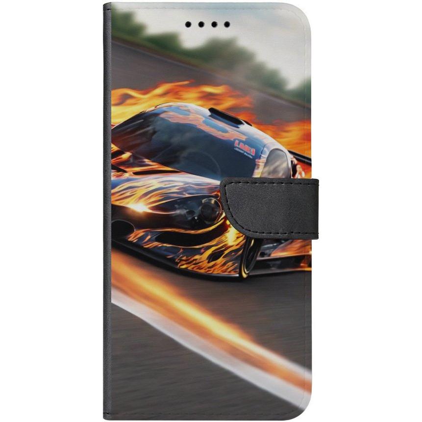 iPhone 15 Pro Max Handyhülle aus Kunstleder mit Lasche Motiv 13 Sportwagen in Flammen - personalisierbar