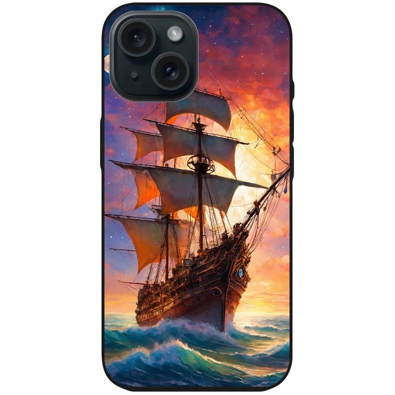 Handyhülle iPhone 15 - Silikonhülle schwarz mit Motiv 43 Segelschiff - personalisierbar