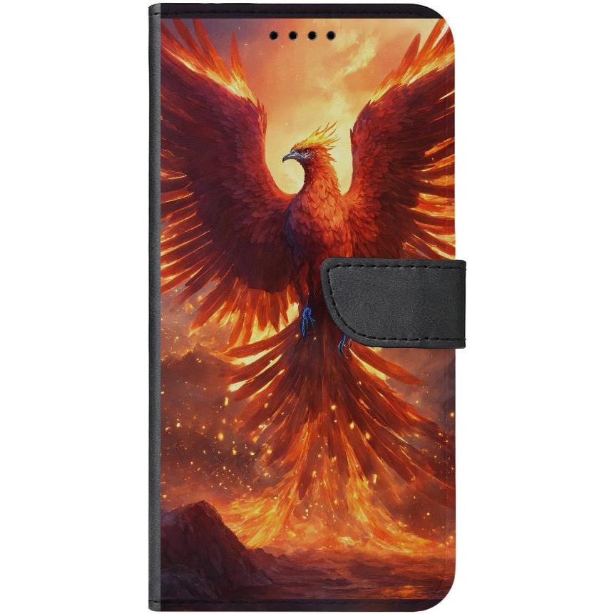 iPhone 15 Handyhülle aus Kunstleder mit Lasche Motiv 42 Feuer Phönix - personalisierbar