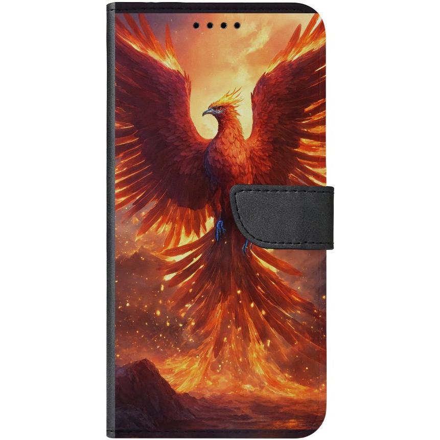 iPhone 14 Pro Handyhülle aus Kunstleder mit Lasche Motiv 42 Feuer Phönix - personalisierbar