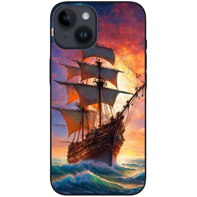 Hülle iPhone 14 - Silikonhülle schwarz mit Motiv 43 Segelschiff - personalisierbar