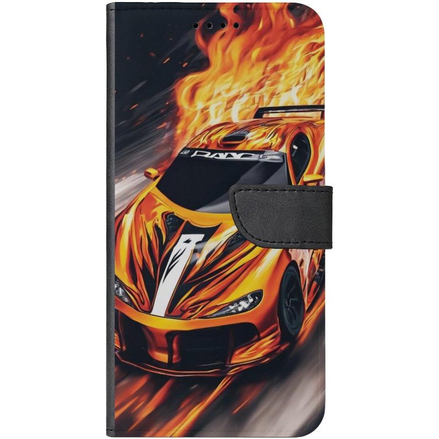 iPhone 15 Plus Handyhülle aus Kunstleder mit Lasche Motiv 47 Sportwagen in Flammen - personalisierbar