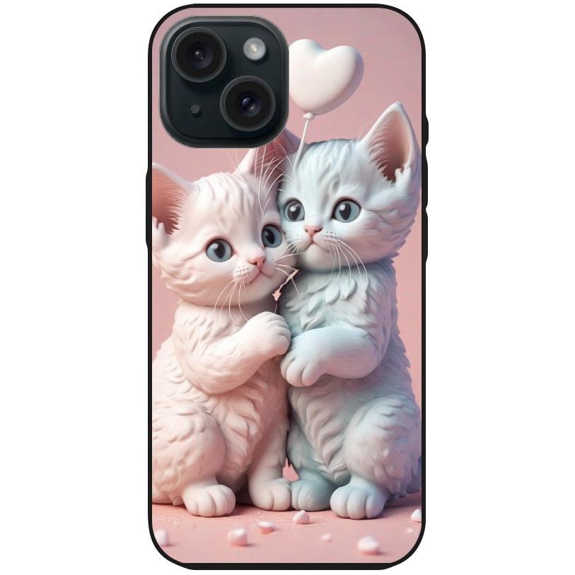 Handyhülle iPhone 15 - Silikonhülle schwarz mit Motiv 1 zwei Kätzchen mit Herzen rosa - personalisierbar