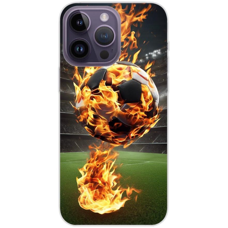 Handyhülle iPhone 14 Pro Max aus transparentem Silikon 38 Fußball in Flammen - personalisierbar