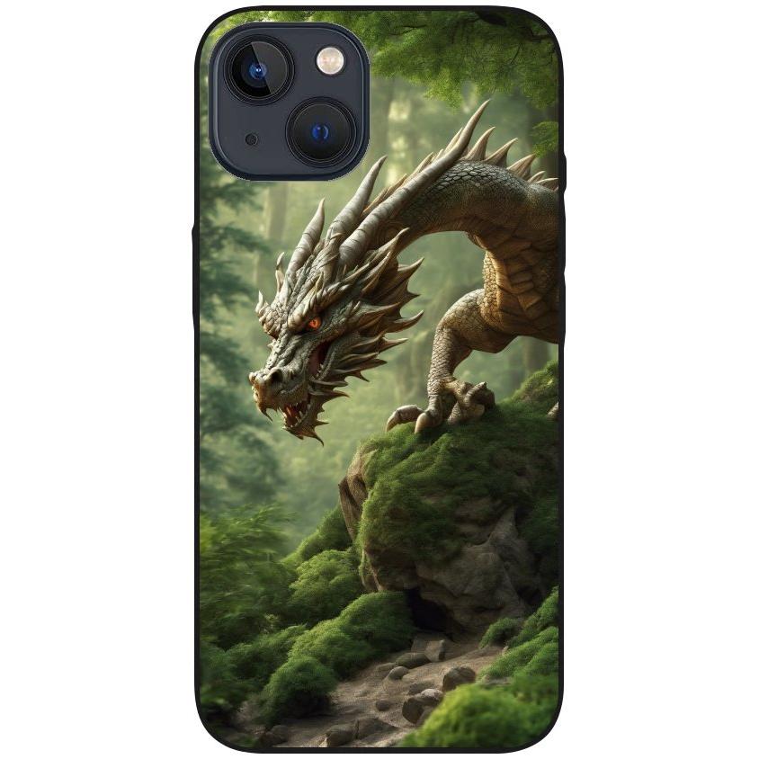 Hülle iPhone 13 - Silikonhülle schwarz mit Motiv 45 Drache Felsen grün - personalisierbar