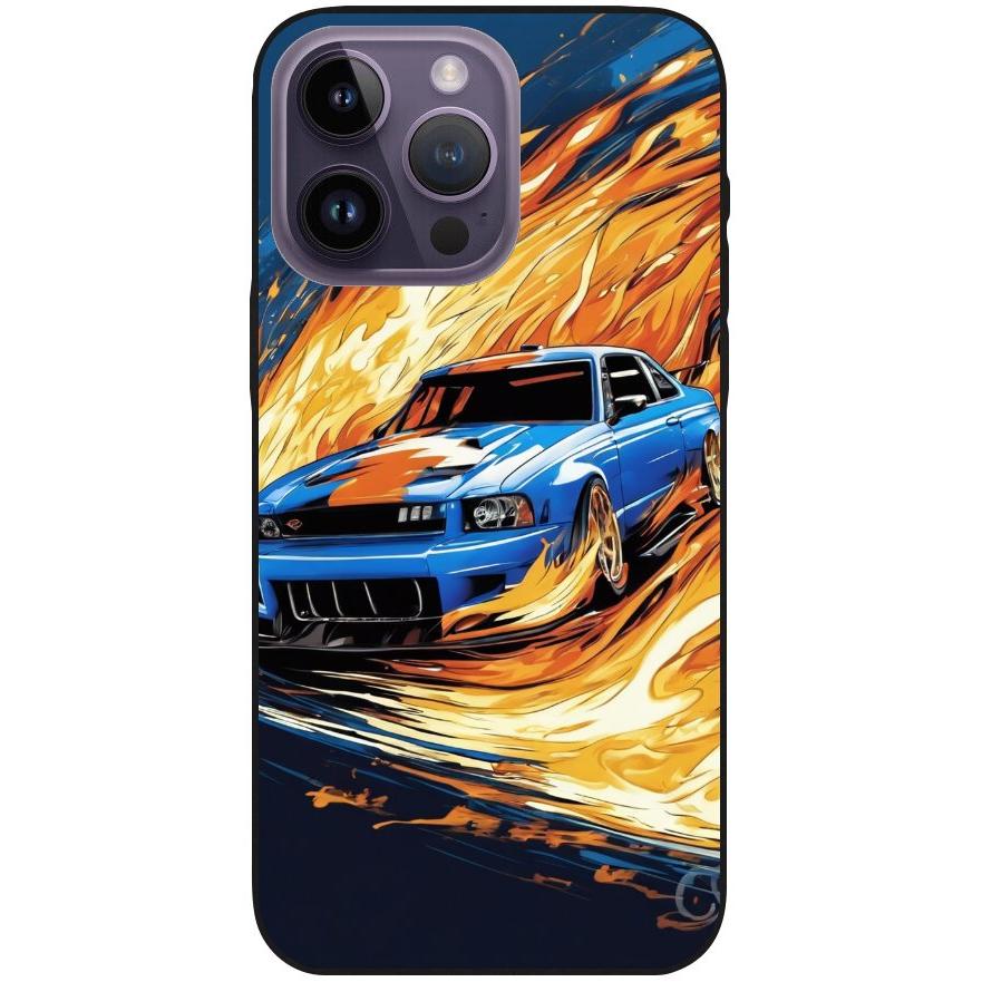Hülle iPhone 14 Pro Max - Silikonhülle schwarz mit Motiv 15 blaues Auto in Flammen - personalisierbar