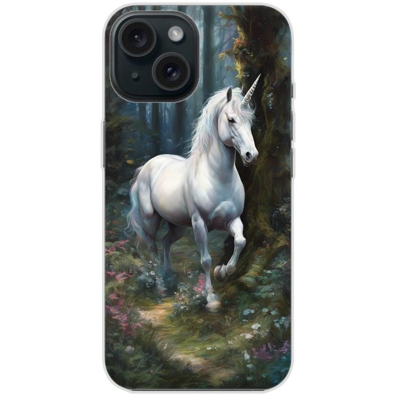 Handyhülle iPhone 15 aus transparentem Silikon mit Motiv 44 Einhorn weiß - personalisierbar