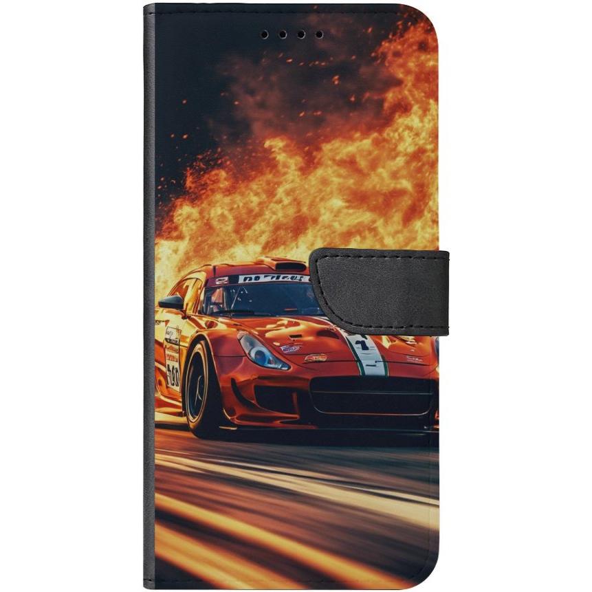 iPhone 15 Handyhülle aus Kunstleder mit Lasche Motiv 28 roter Sportwagen in Flammen - personalisierbar