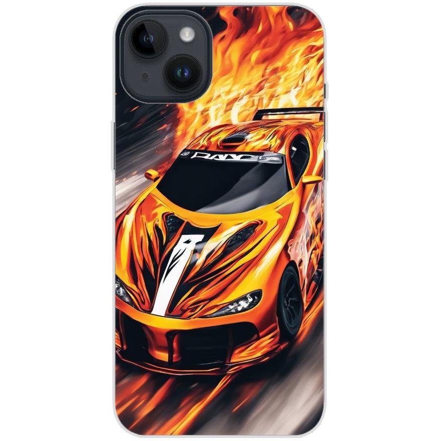 Handyhülle iPhone 14 Plus aus transparentem Silikon mit Motiv 47 Sportwagen in Flammen - personalisierbar