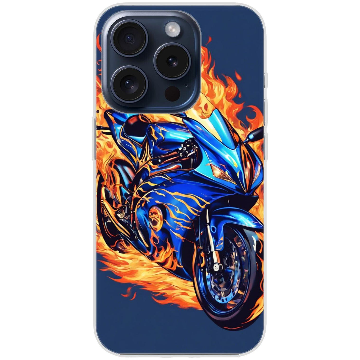 Handyhülle iPhone 15 Pro aus transparentem Silikon mit Motiv 2 Motorrad in Flammen - personalisierbar