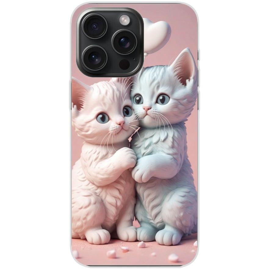 Handyhülle iPhone 15 Pro Max aus transparentem Silikon mit Motiv 1 zwei Kätzchen mit Herzen rosa - personalisierbar