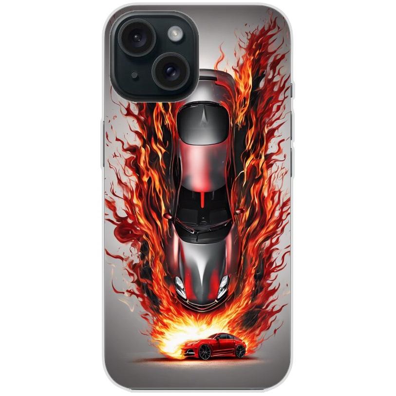 Handyhülle iPhone 15 aus transparentem Silikon mit Motiv 27 Auto animiert in Flammen - personalisierbar