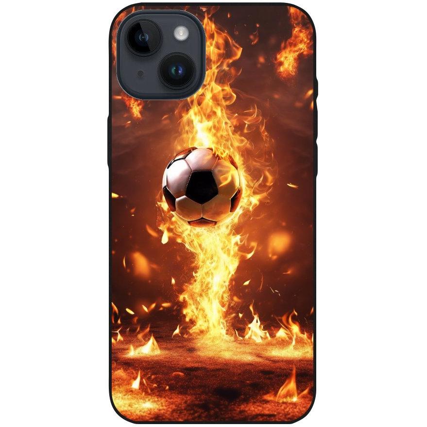 Hülle iPhone 14 Plus - Silikonhülle schwarz mit Motiv 37 Fußball in Feuer - personalisierbar