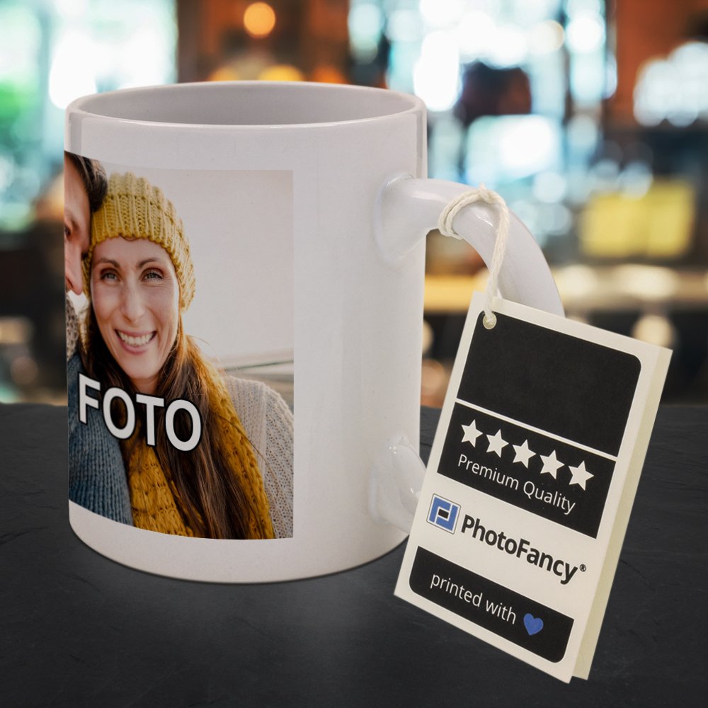 PhotoFancy® - Tasse mit Foto bedrucken lassen - Fototasse personalisieren – Kaffeebecher zum selbst gestalten (Weiß)