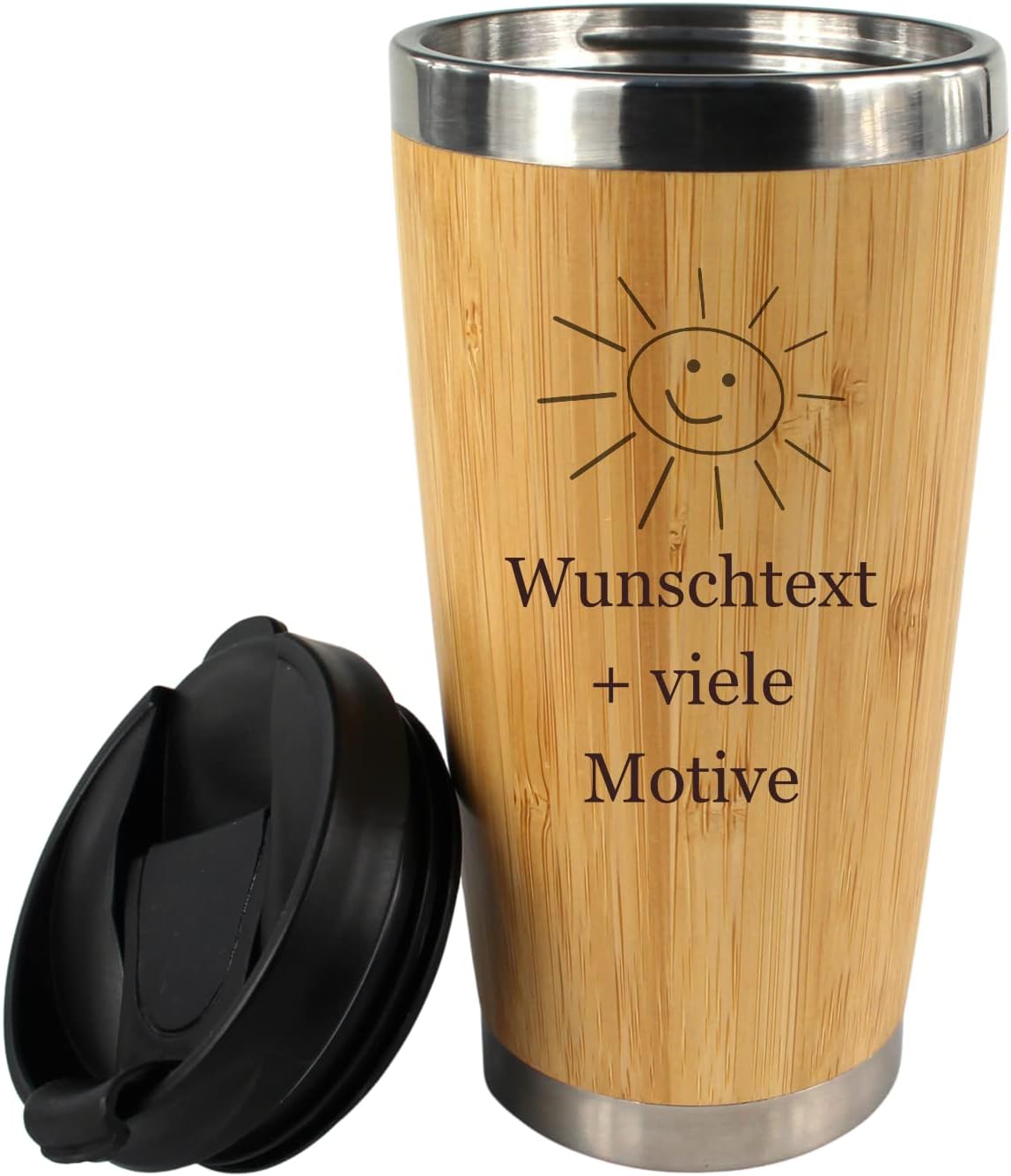 Kaffeebecher mit Namen + Motiv Gravur in Holz Optik, Isolierbecher groß 0,4 L für Coffee to go, Kaffee Edelstahlbecher mit Deckel zum Mitnehmen, personalisiertes Geschenk