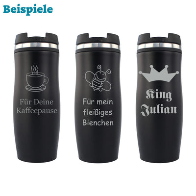 Geschenkissimo Kaffeebecher personalisiert - Black Edition - Gravur mit Name, Spruch, Motiv - Kaffee Becher to go 0,4 l - Geschenk für Männer + Frauen