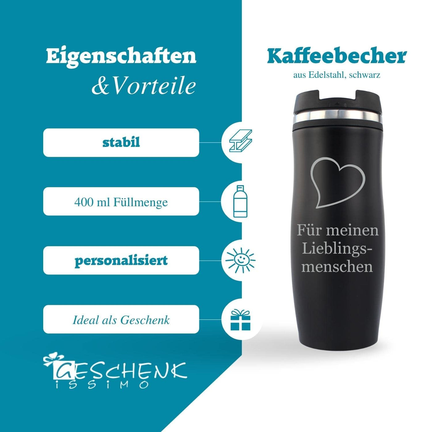 Geschenkissimo Kaffeebecher personalisiert - Black Edition - Gravur mit Name, Spruch, Motiv - Kaffee Becher to go 0,4 l - Geschenk für Männer + Frauen