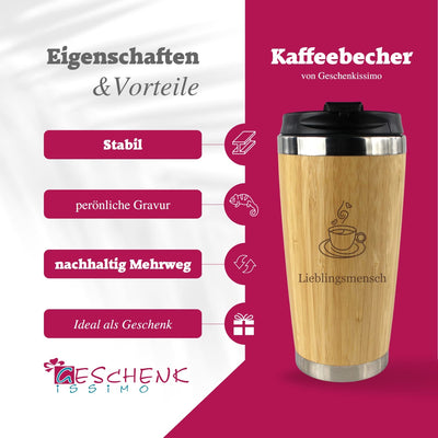 Kaffeebecher mit Namen + Motiv Gravur in Holz Optik, Isolierbecher groß 0,4 L für Coffee to go, Kaffee Edelstahlbecher mit Deckel zum Mitnehmen, personalisiertes Geschenk