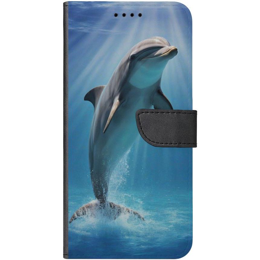 iPhone 14 Plus Handyhülle aus Kunstleder mit Lasche Motiv 39 einzelner Delfin - personalisierbar