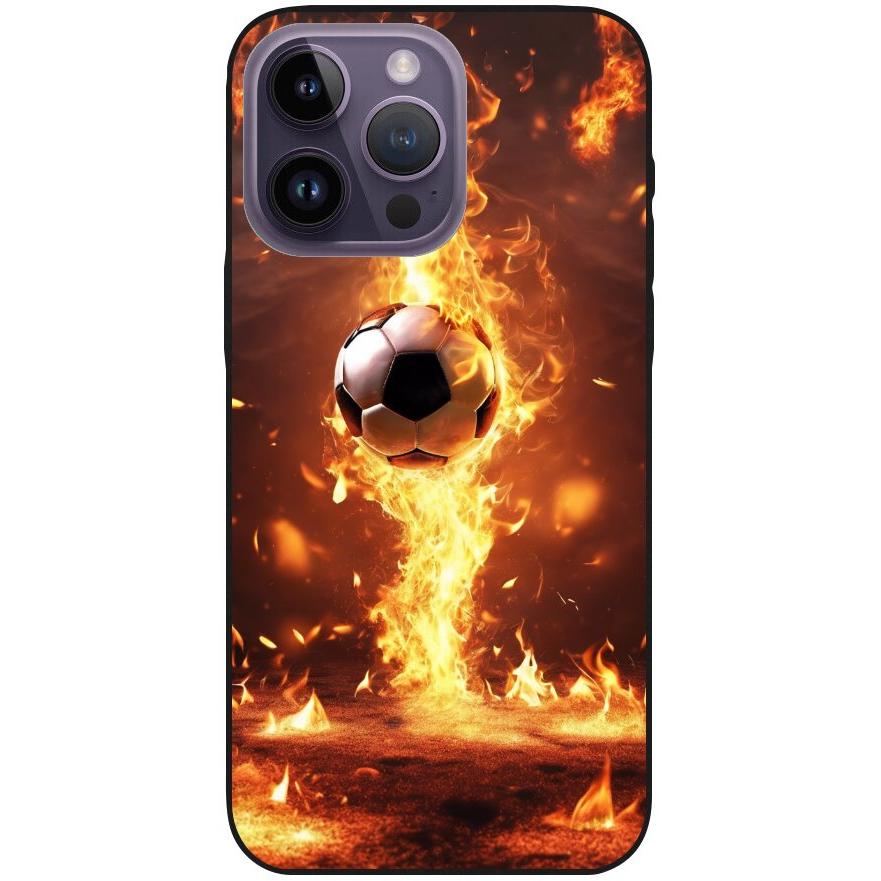 Hülle iPhone 14 Pro Max - Silikonhülle schwarz mit Motiv 37 Fußball in Feuer - personalisierbar