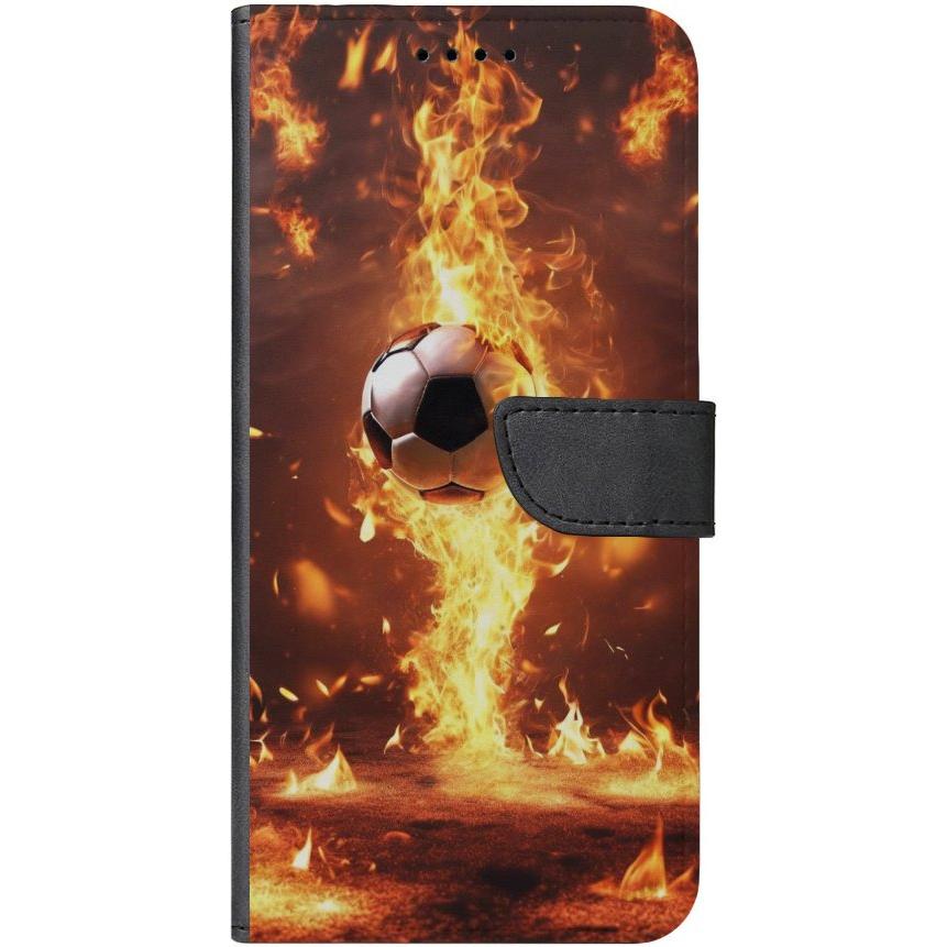 iPhone 15 Pro Max Handyhülle aus Kunstleder mit Lasche Motiv 37 Fußball in Feuer - personalisierbar