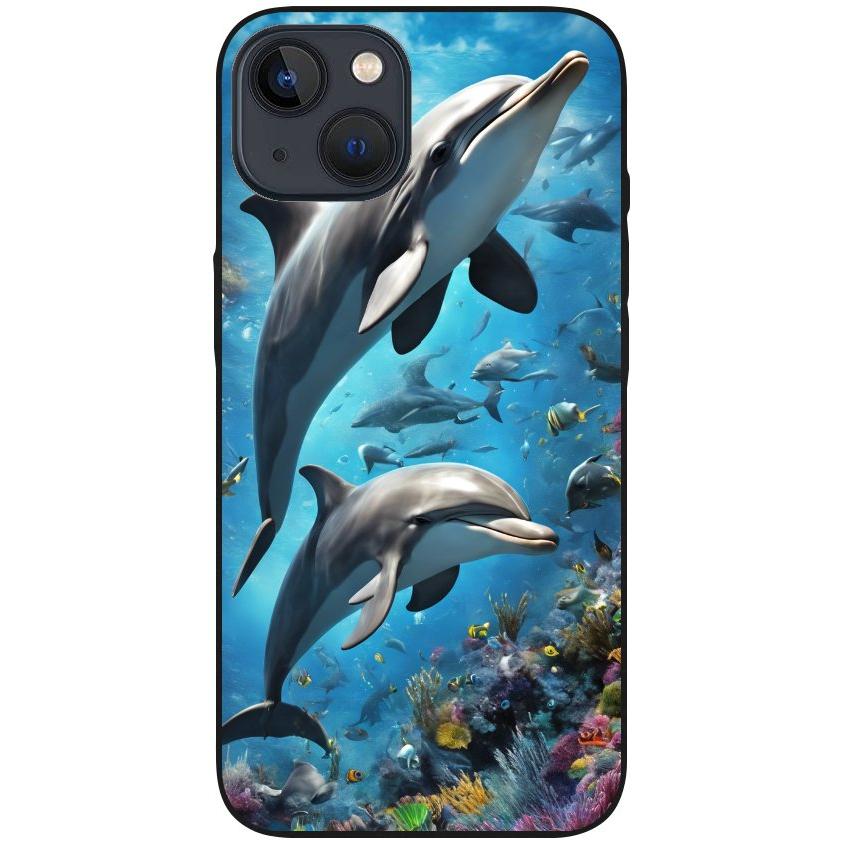 Hülle iPhone 13 - Silikonhülle schwarz mit Motiv 40 Delfine - personalisierbar