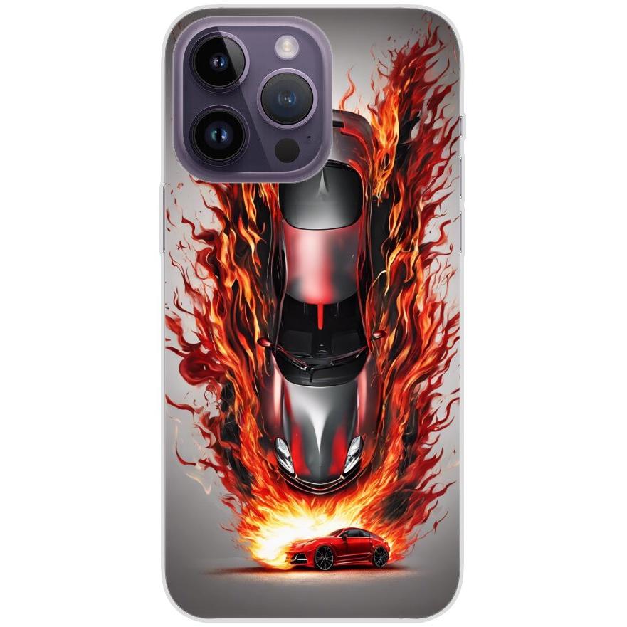 Handyhülle iPhone 14 Pro Max aus transparentem Silikon 27 Auto animiert in Flammen - personalisierbar