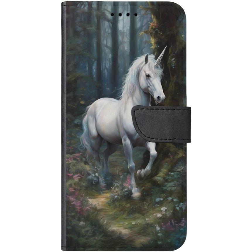 iPhone 14 Plus Handyhülle aus Kunstleder mit Lasche Motiv 44 Einhorn weiß - personalisierbar