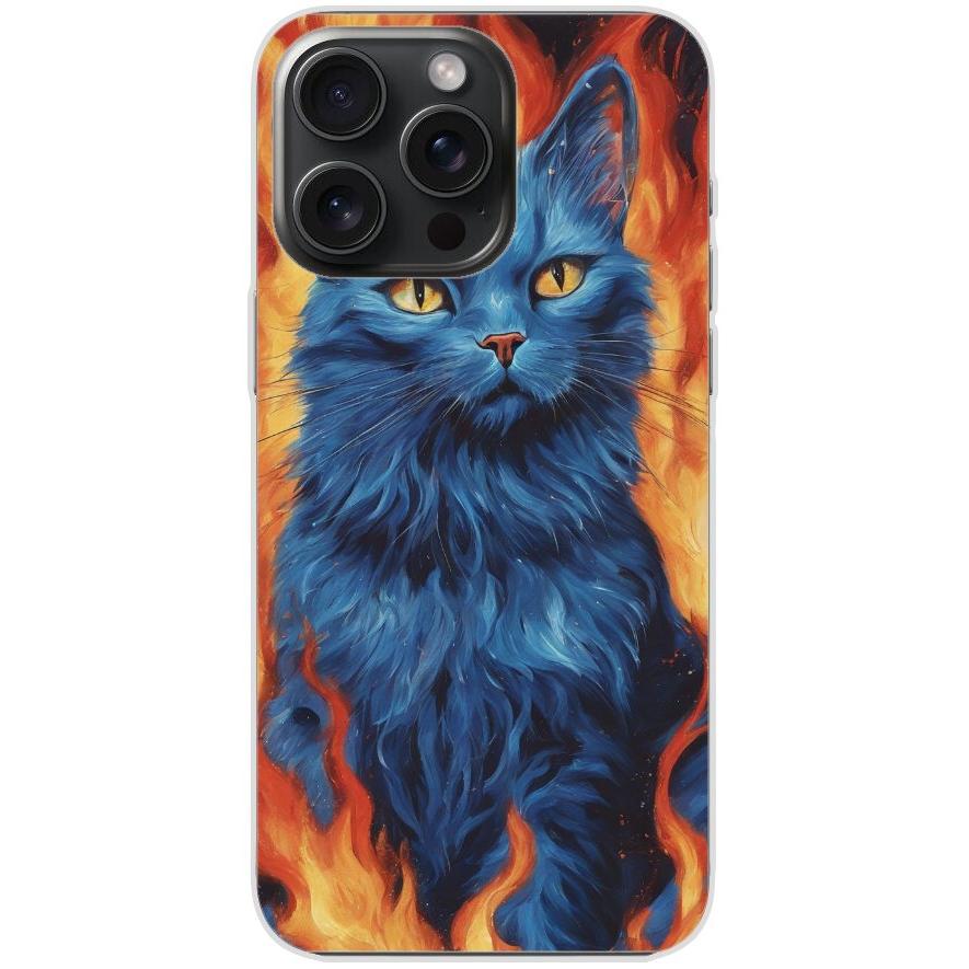 Handyhülle iPhone 15 Pro Max aus transparentem Silikon mit Motiv 7 blaue Katze in Flammen - personalisierbar