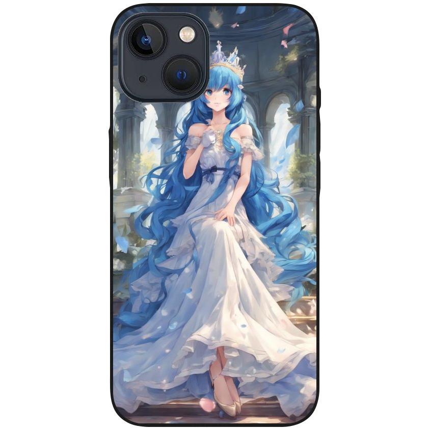 Hülle iPhone 13 - Silikonhülle schwarz mit Motiv 34 Anime blaue lange Haare - personalisierbar