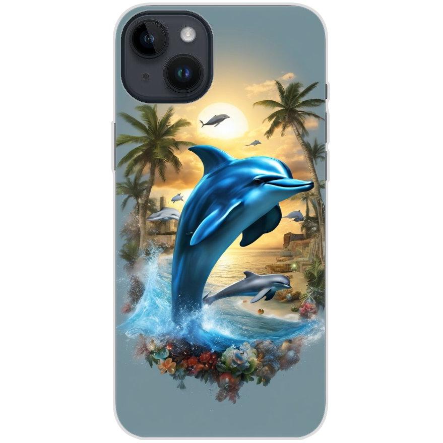 Handyhülle iPhone 14 Plus aus transparentem Silikon mit Motiv 41 Delfin und Palmen - personalisierbar