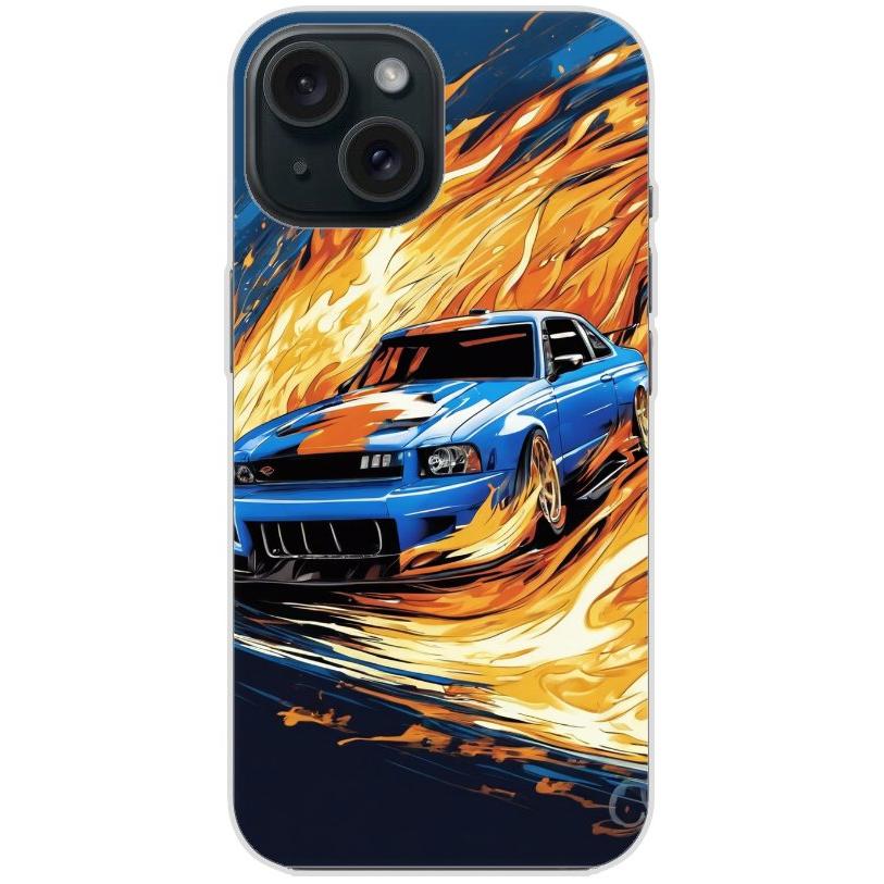 Handyhülle iPhone 15 aus transparentem Silikon mit Motiv 15 blaues Auto in Flammen - personalisierbar