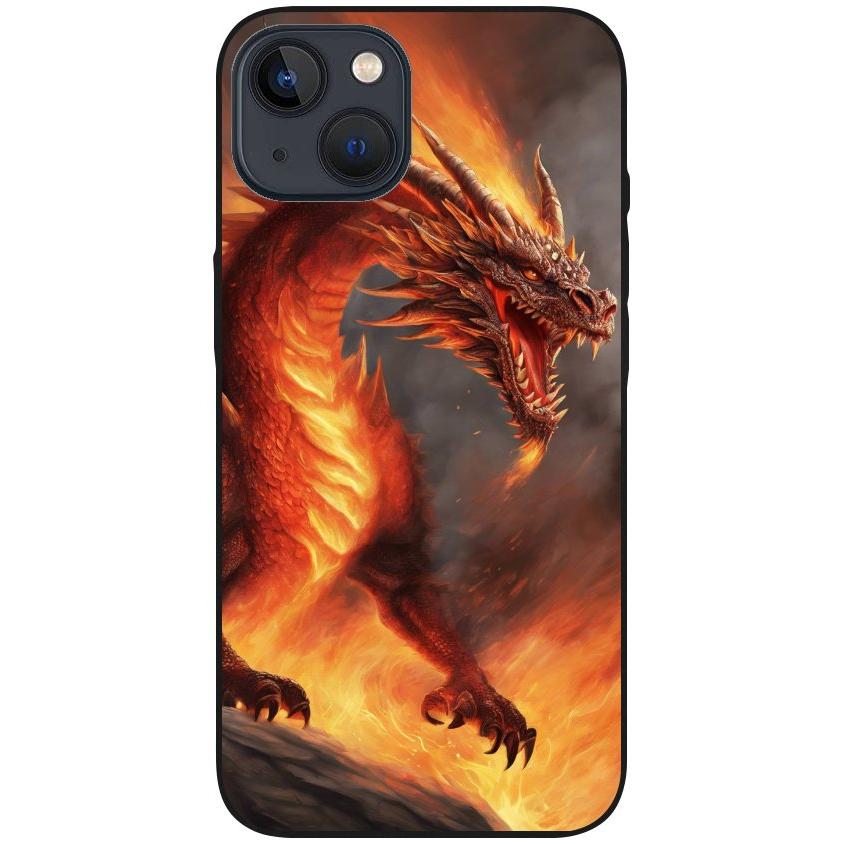 Hülle iPhone 13 - Silikonhülle schwarz mit Motiv 5 Drache in Flammen - personalisierbar