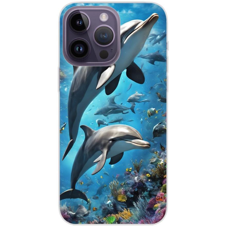 Handyhülle iPhone 14 Pro Max aus transparentem Silikon 40 Delfine - personalisierbar