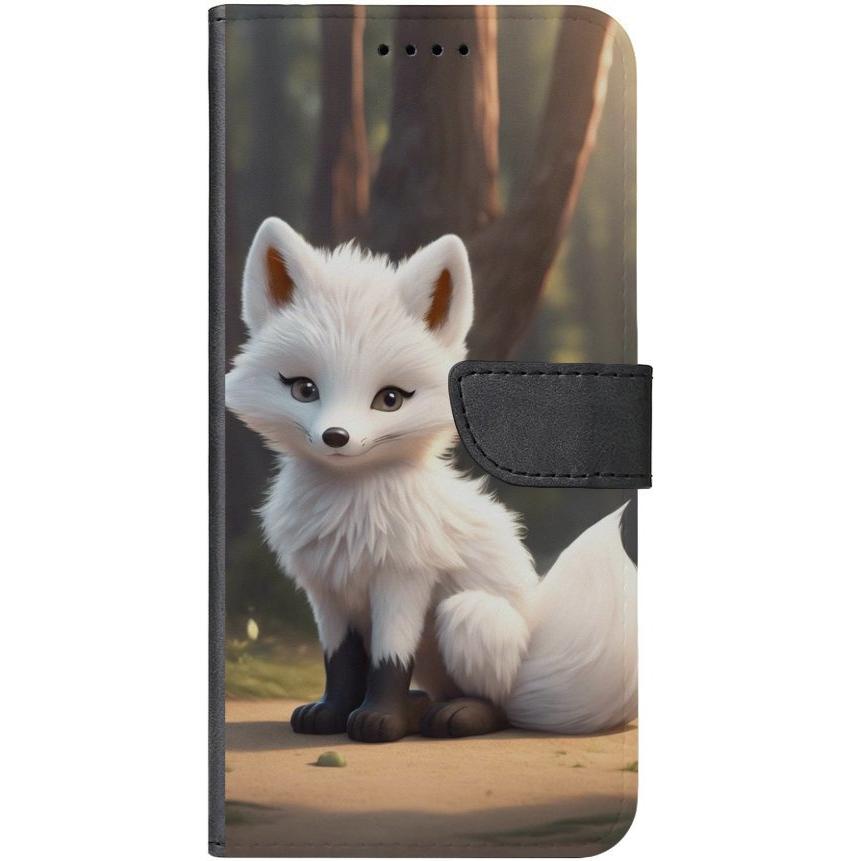iPhone 15 Plus Handyhülle aus Kunstleder mit Lasche Motiv 16 weißer Fuchs animiert - personalisierbar
