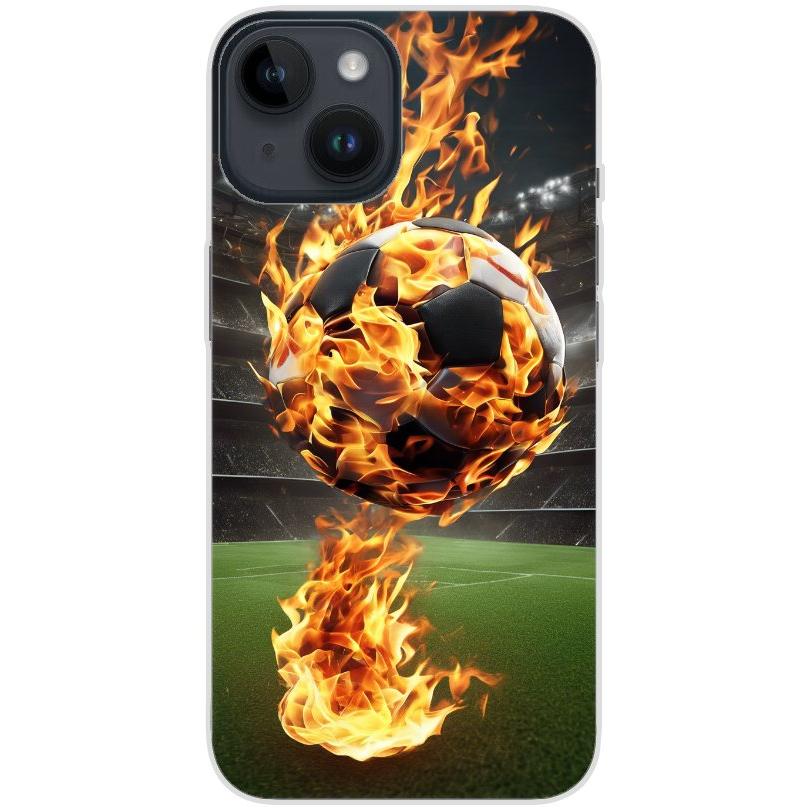 Handyhülle iPhone 14 aus transparentem Silikon mit Motiv 38 Fußball in Flammen - personalisierbar