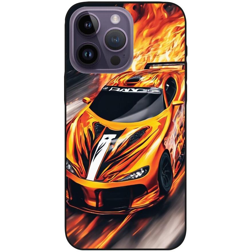 Hülle iPhone 14 Pro Max - Silikonhülle schwarz mit Motiv 47 Sportwagen in Flammen - personalisierbar