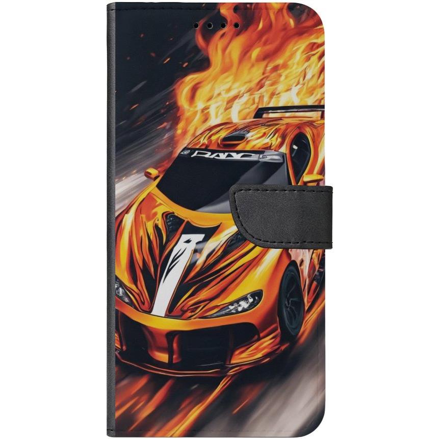 iPhone 14 Plus Handyhülle aus Kunstleder mit Lasche Motiv 47 Sportwagen in Flammen - personalisierbar
