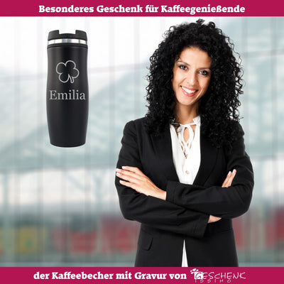Geschenkissimo Kaffeebecher personalisiert - Black Edition - Gravur mit Name, Spruch, Motiv - Kaffee Becher to go 0,4 l - Geschenk für Männer + Frauen
