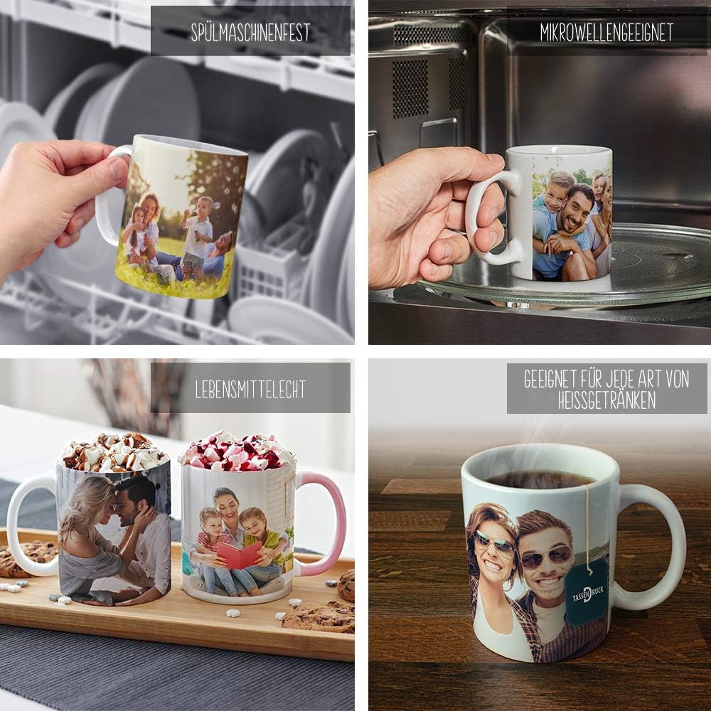 Tasse selbst individuell gestalten/Personalisierbar mit eigenem Foto bedrucken/Fototasse/Motivtasse/Werbetasse/Firmentasse mit Logo/Weiss - Glanz - XXL Druck